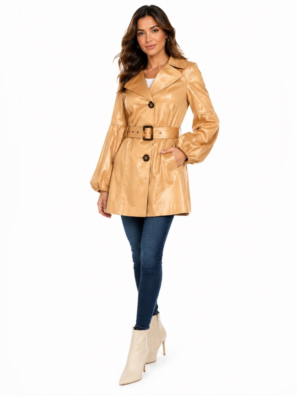 Hilary Radley Metallic Gold Belted Trench Coat | Sz S| Statement Balloon Sleeves